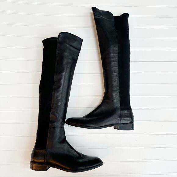 Stuart Weitzman 5050 Knee High Boots Black Leather Pull On Lug Sole Size 7.5 - Picture 3 of 14